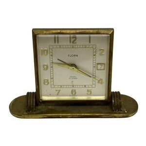 Vintage FLORN Germany 8-Day Deco Alarm Desk Clock Luminous Hands Not Working MCM